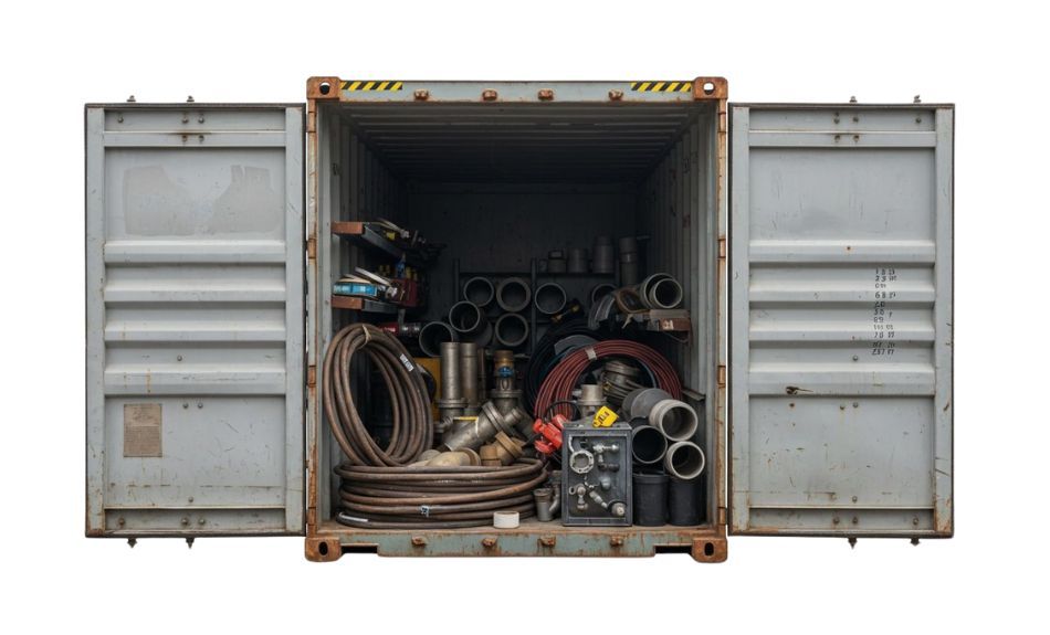 Shipping container filled with business equipment
