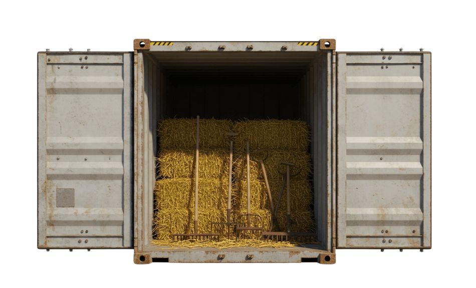 Shipping container for farmers filled with bails of hay