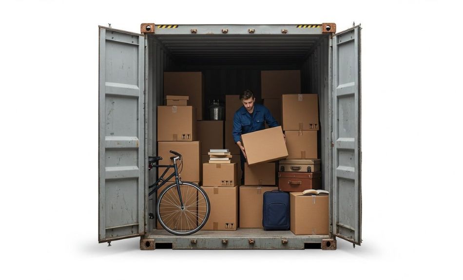 Man putting personal boxes and a bike into his storage container