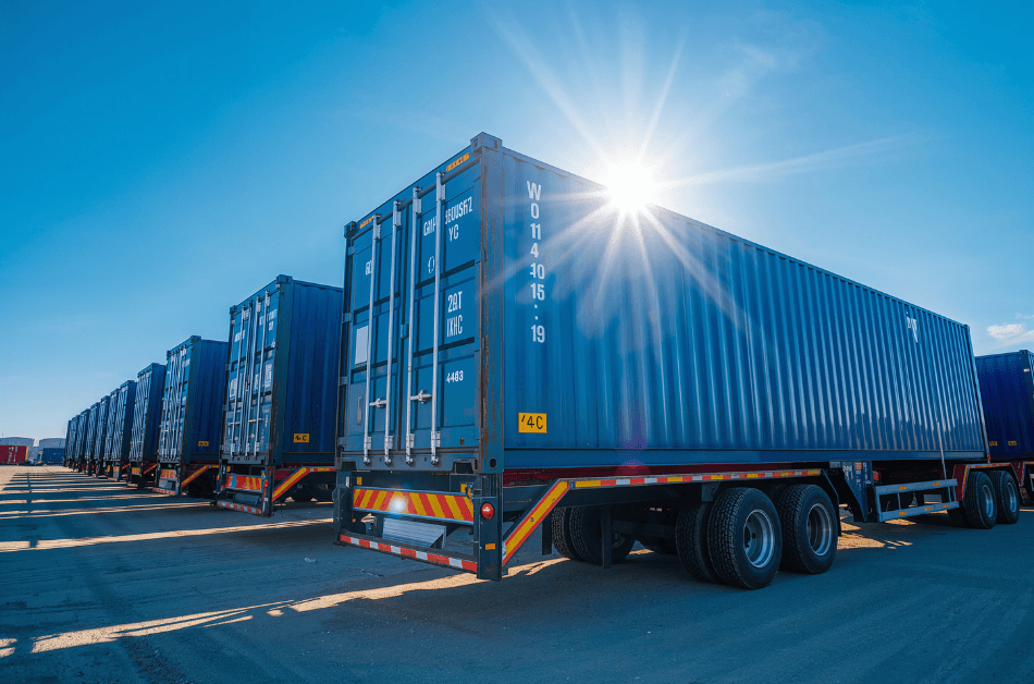 Row of blue shipping containers sitting on truck beds