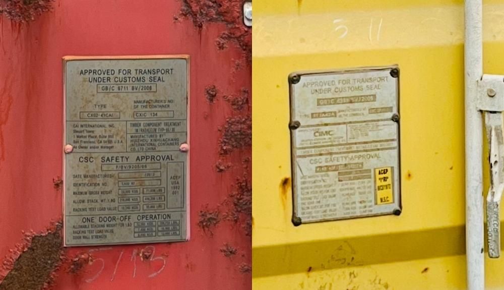 Two examples of CSC plate on red and yellow container