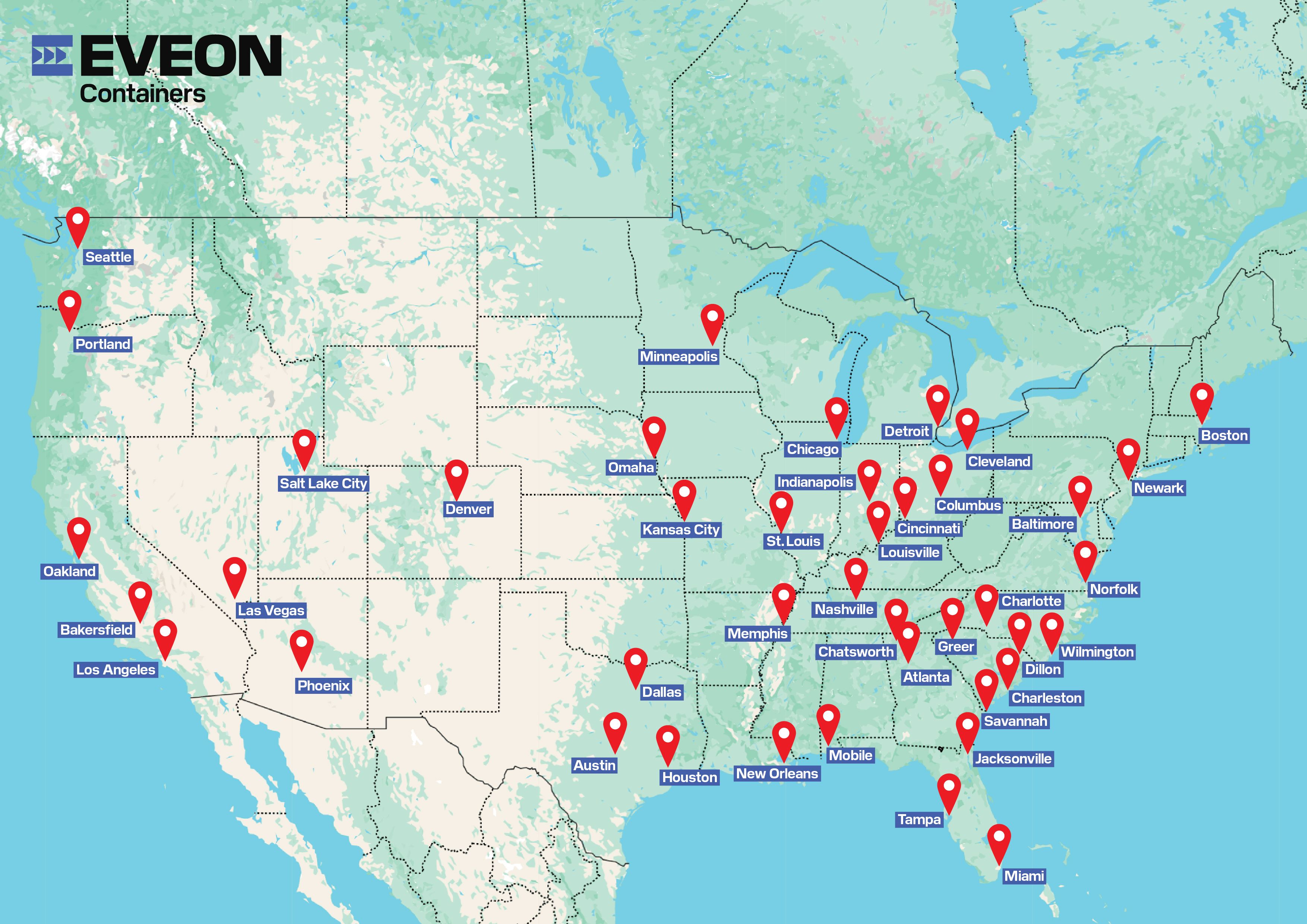 Map of Eveon Containers US depots