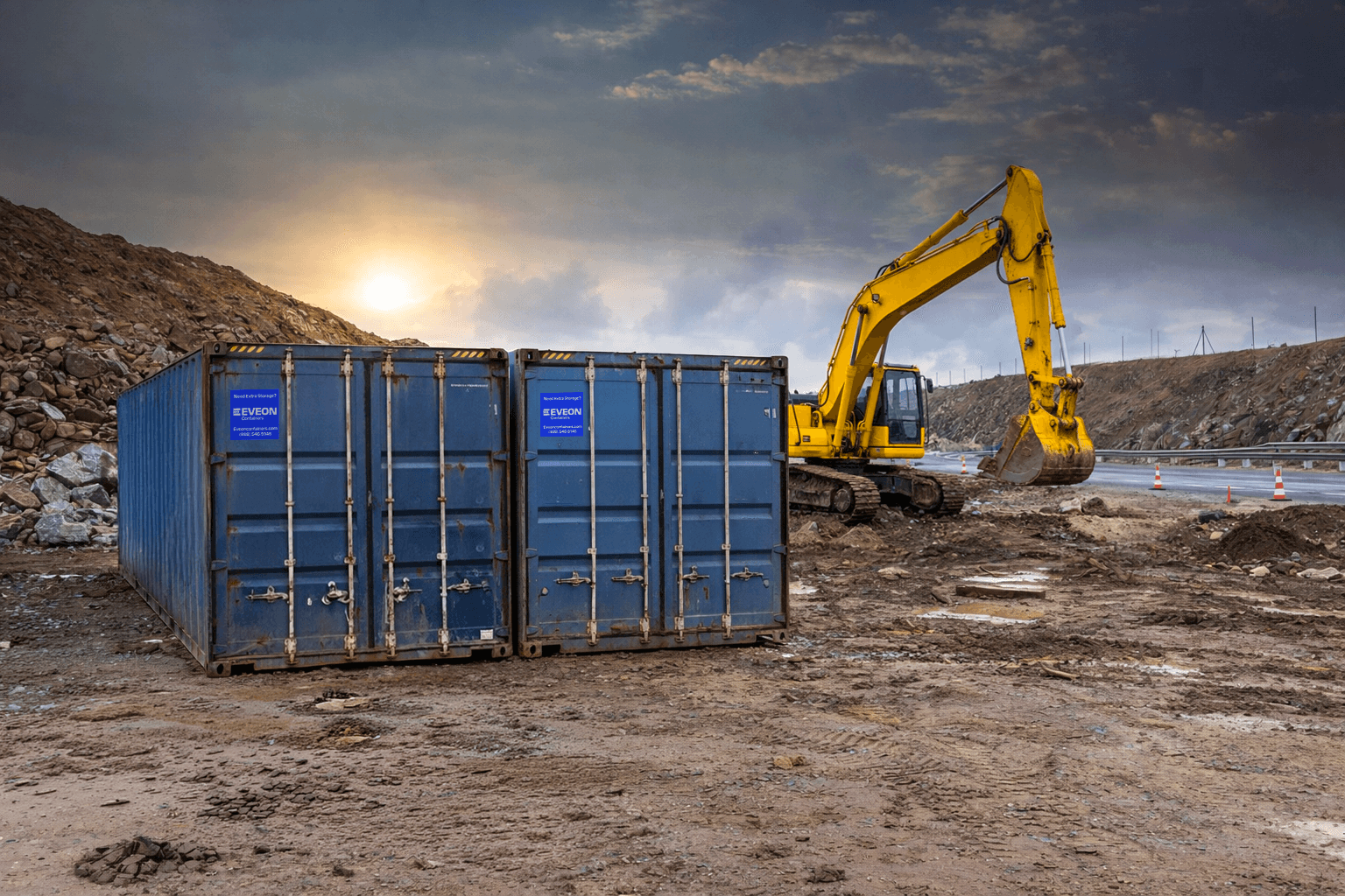 Two blue containers on a construction site