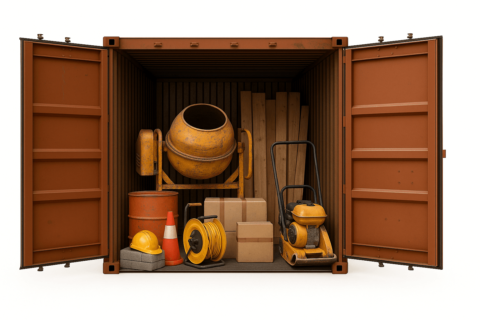 Shipping container filled with construction equipment like hard hat, concrete machine and orange cones