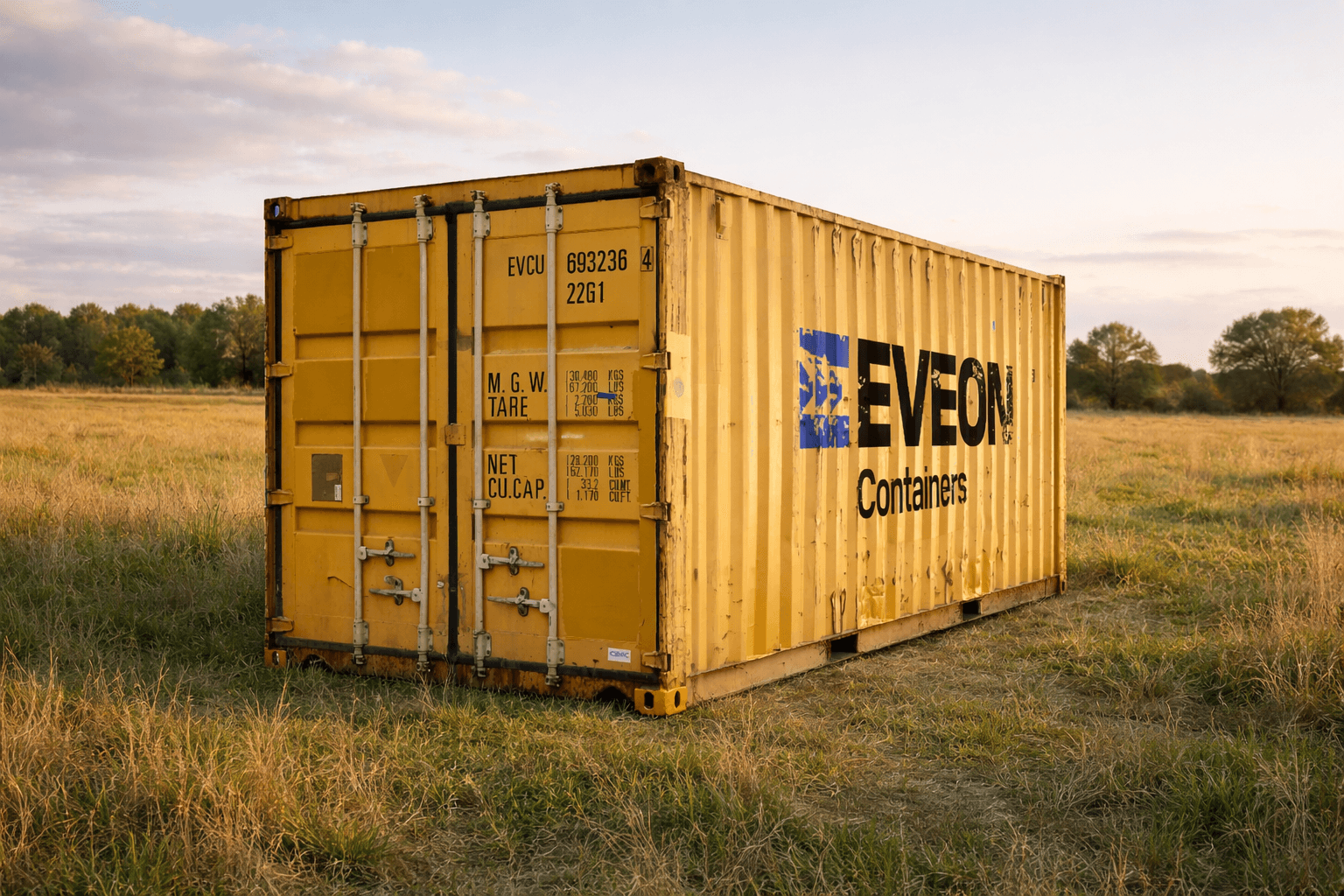 Eveon yellow storage rental container in a field
