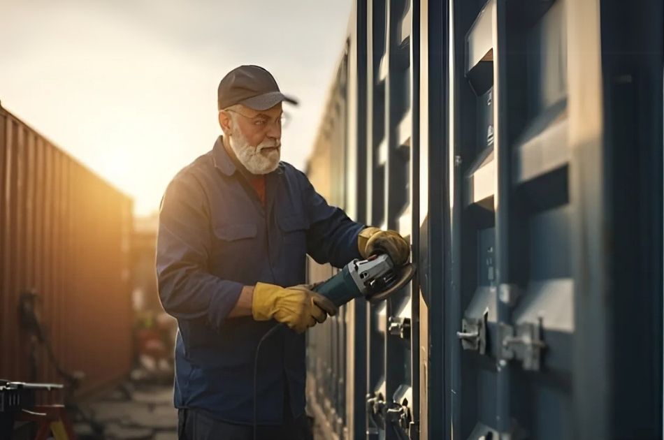 Man using tools on shipping container