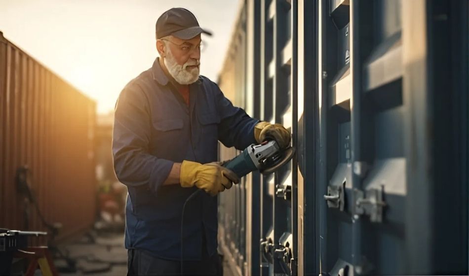 Man using tools on shipping container