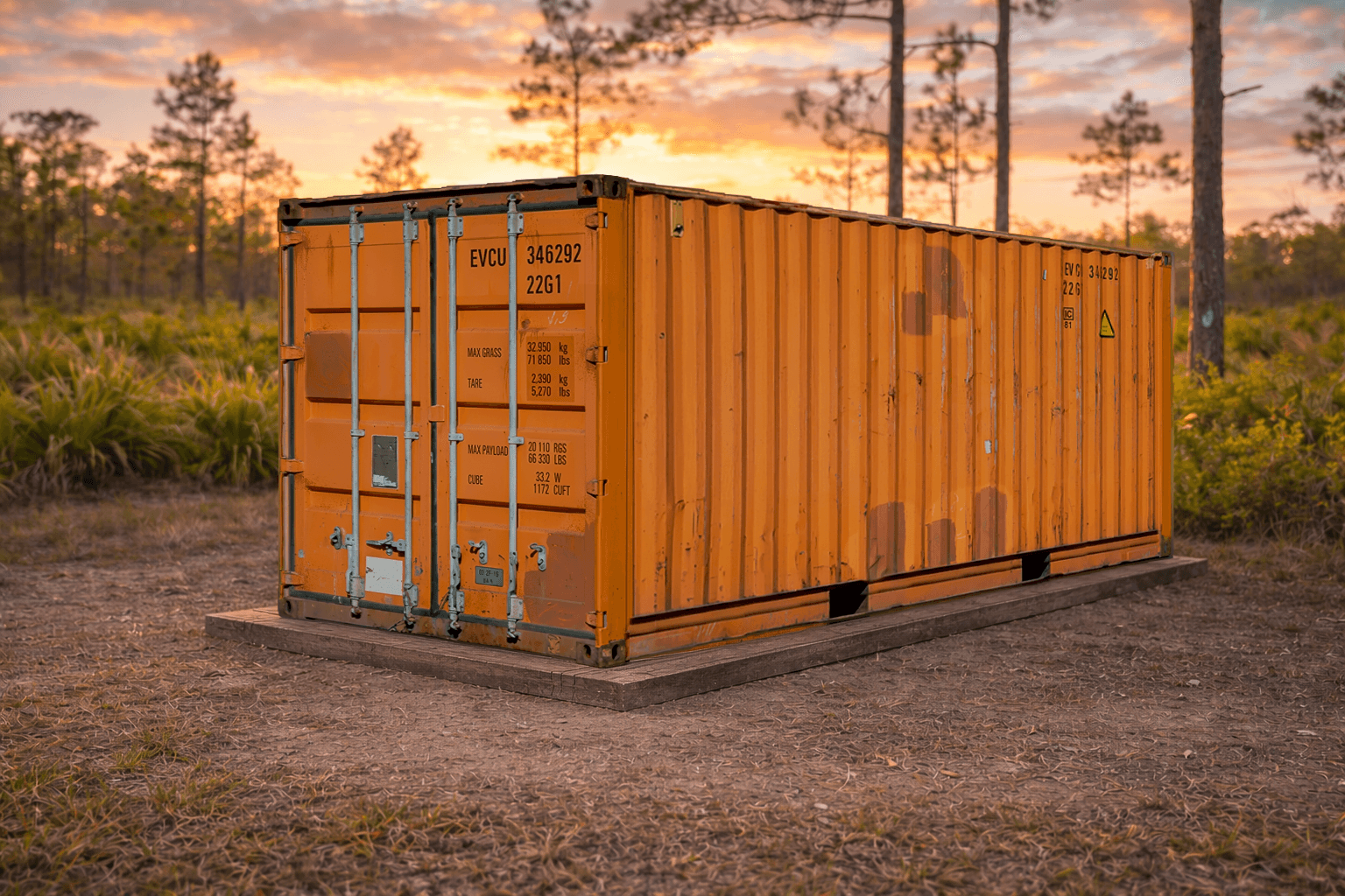Orange container in a field with sunset in the background