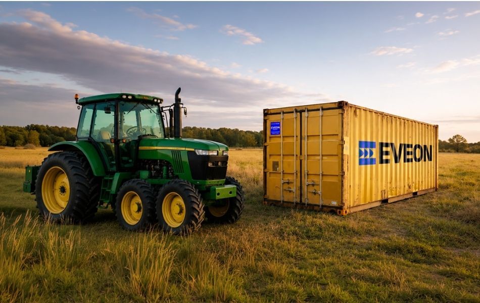 John Deere tractor next to a yellow shipping container