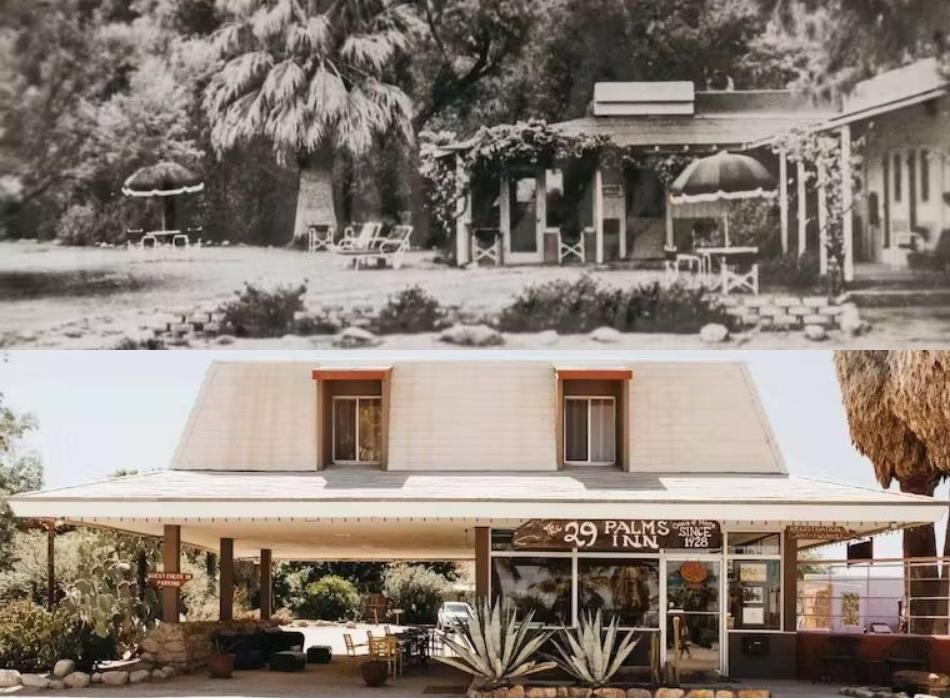old and new picture of the 29 Palms Inn in Joshua Tree