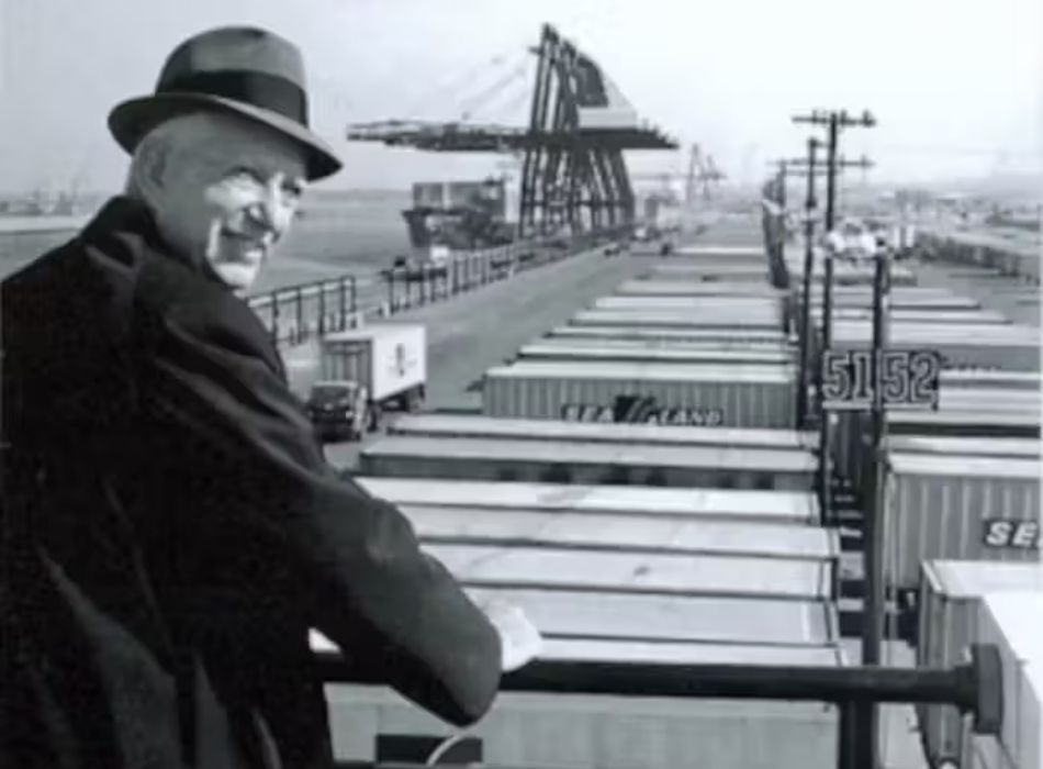 Malcolm McLean in front of first container