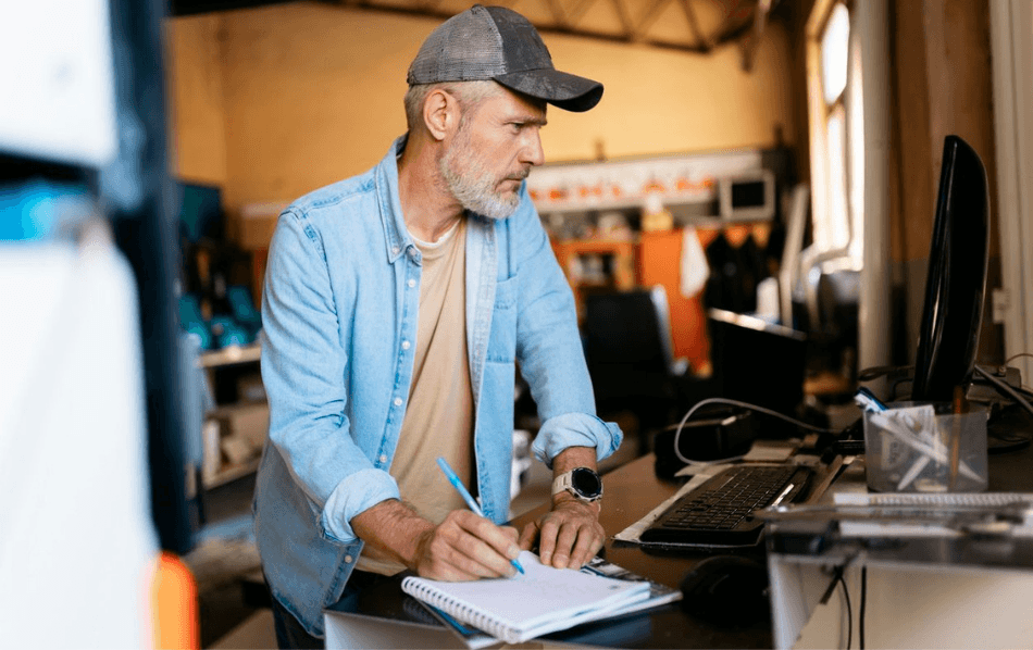 Man working in a container and writing on a notepad