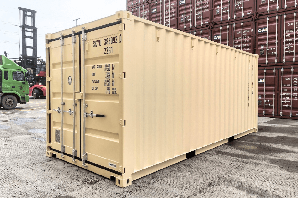 20ft One Trip ivory shipping container at depot