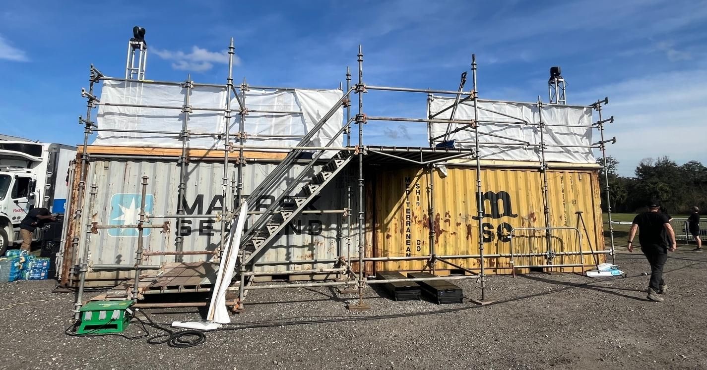 Two 20ft used shipping containers as the structural base for the 40ft snowboarding ramp build-out