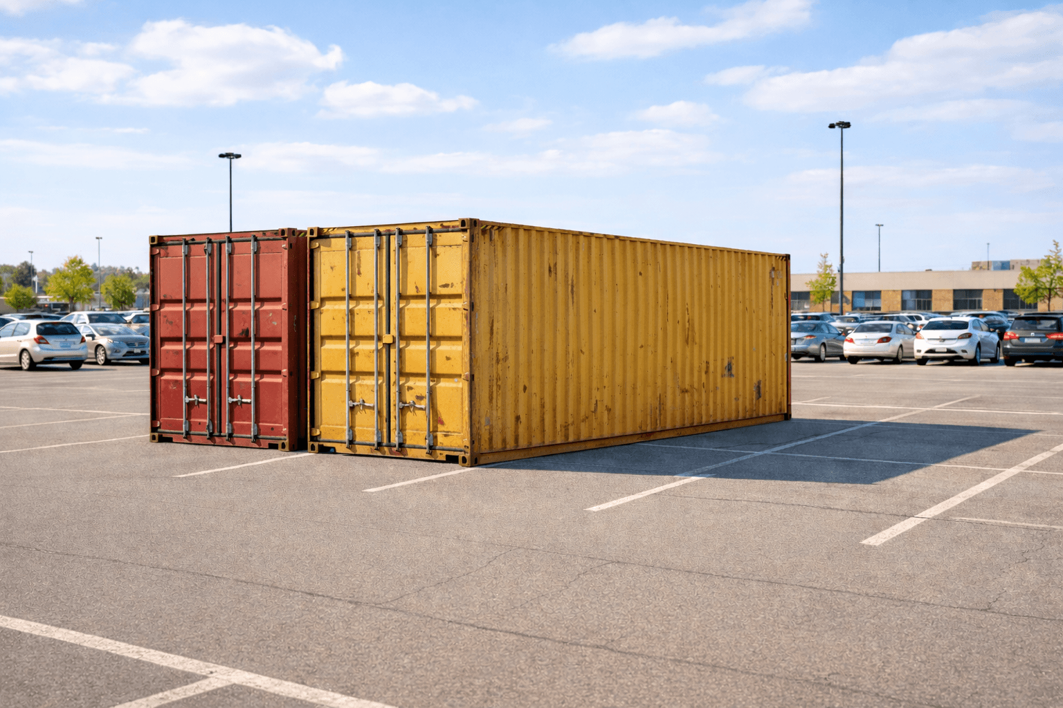 Red and yellow containers in front of a retail store