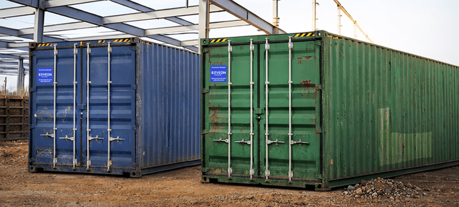 Construction men working in front of a shipping container
