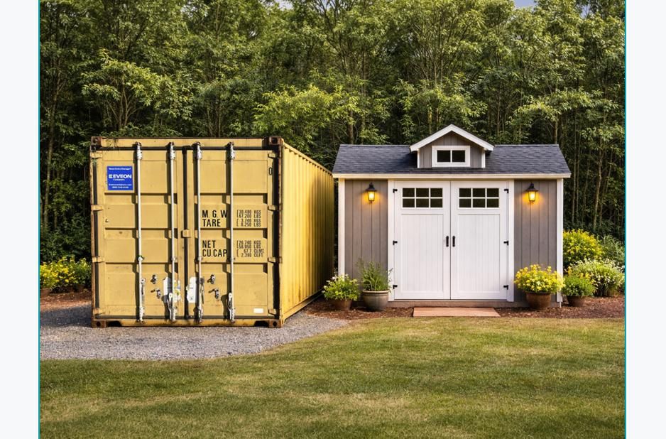 Red prefabricated shed with window and doors with an Eveon Container