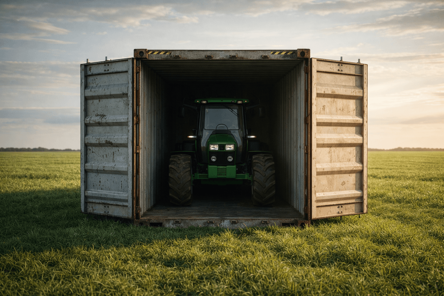 Shipping container filled with farming equipment in a field