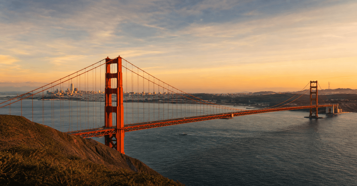 Golden Gate Bridge spanning the bay with the San Francisco skyline