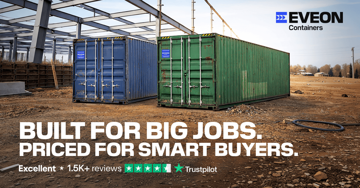 Blue and green shipping container on a construction site