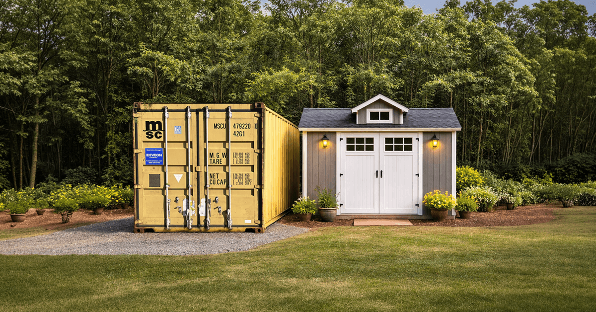 Red prefab shed with window, doors and an Eveon container with sticker