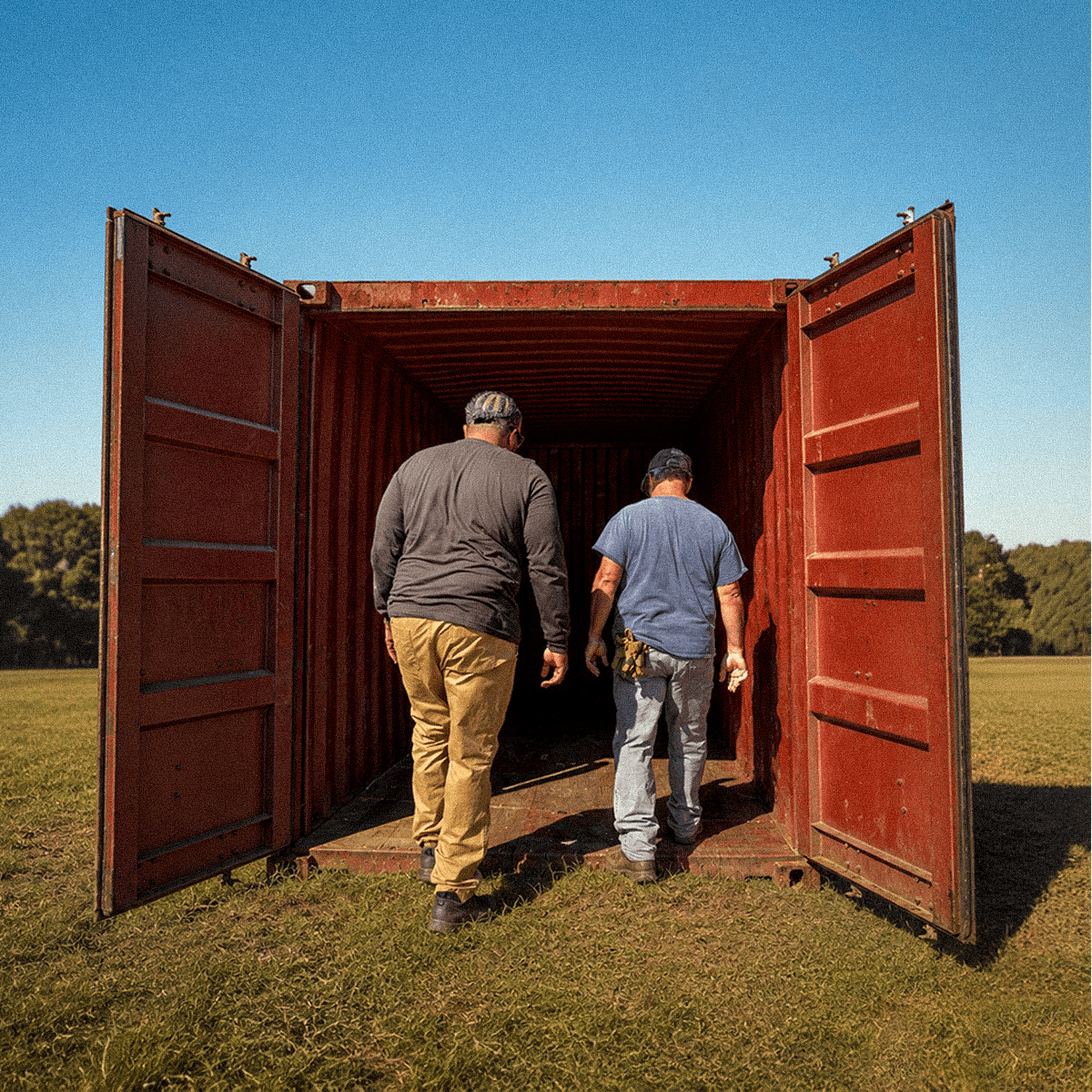 Trucker and customer inspecting a used shipping container together