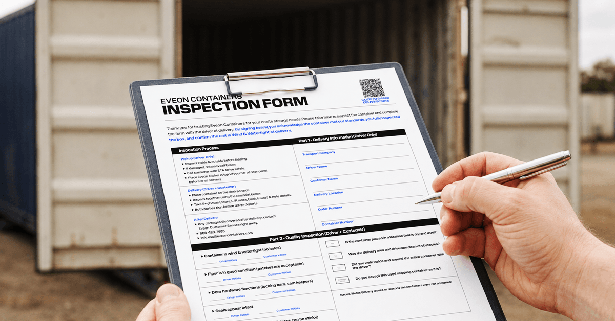 Driver filling out inspection form in front of used shipping container