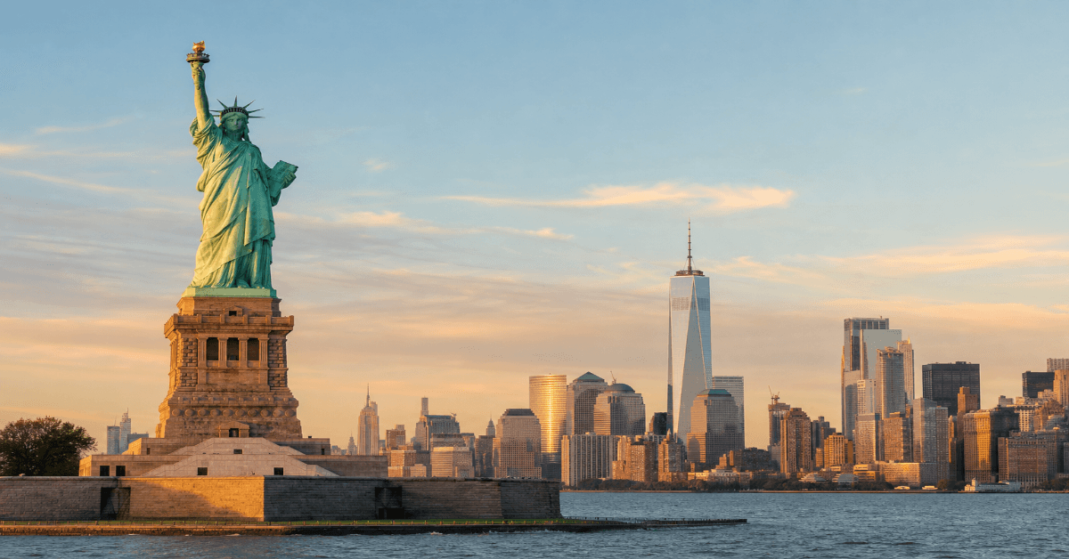 Statue of Liberty with the Manhattan skyline behind it