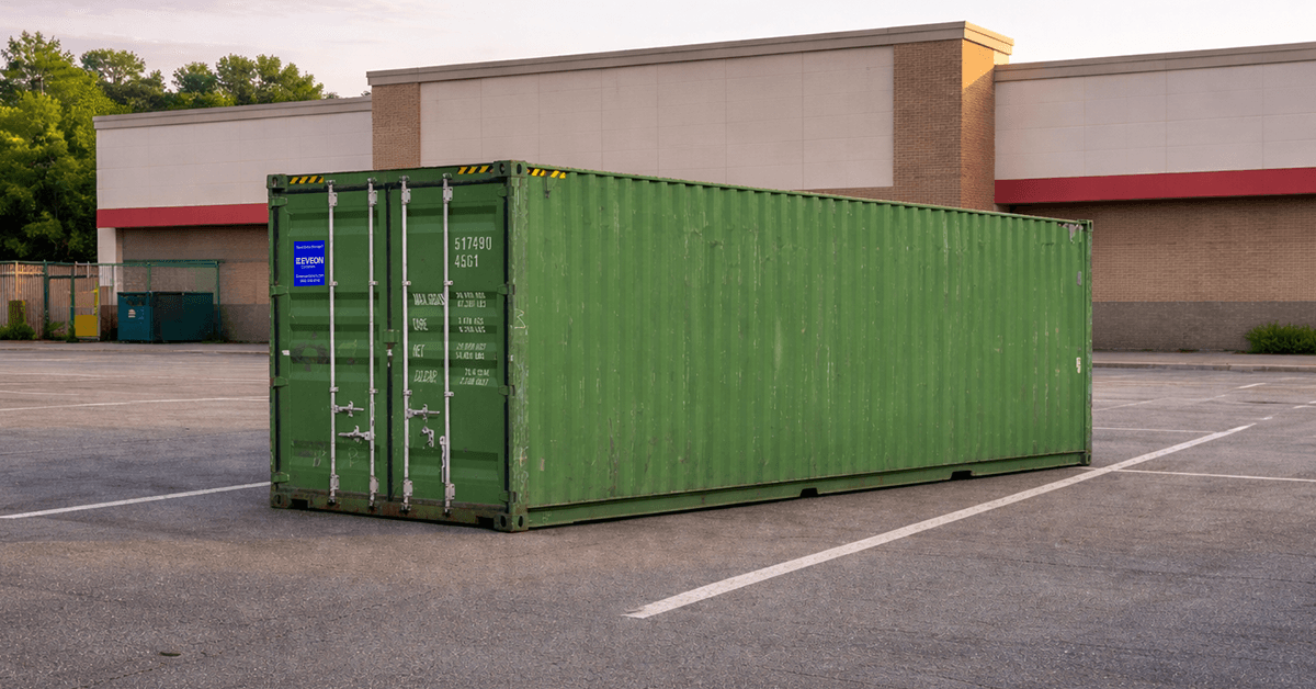 Green container in front of retail store