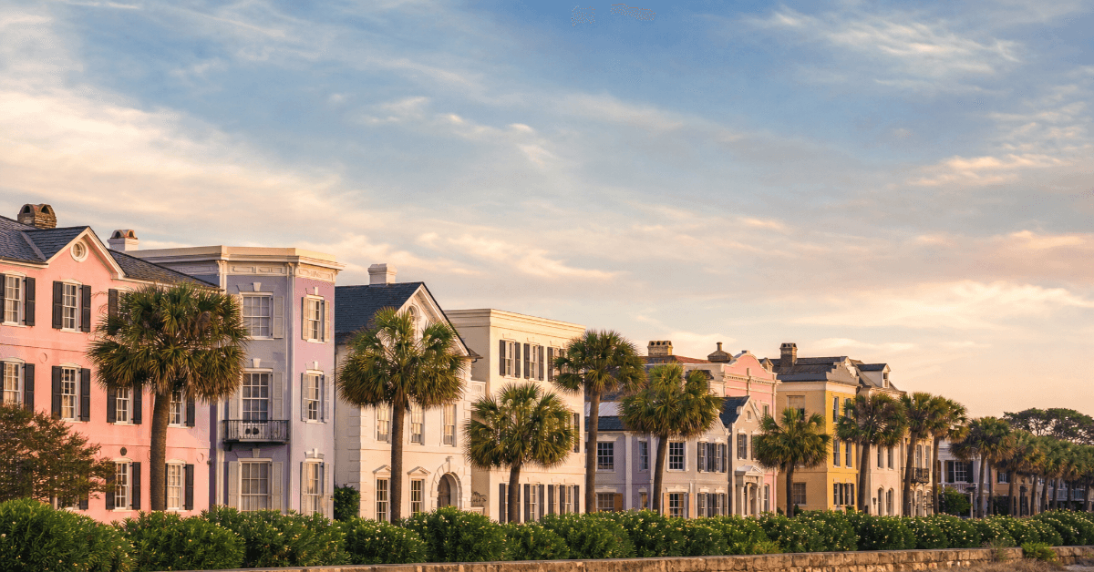 Charleston's pastel waterfront houses lined with palmetto trees, South Carolina