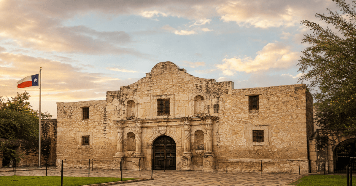 Stone facade of the Alamo mission in San Antonio, Texas